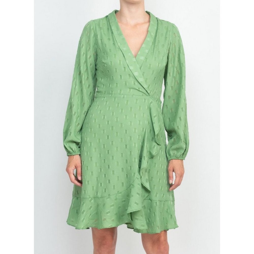 New London Times Women's 2 Green Faux Wrap Long Sleeve Shawl Ruffle Mini Dress